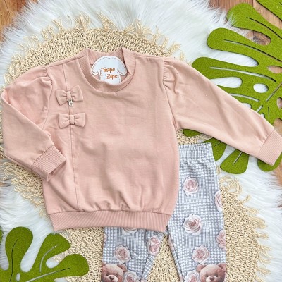Conj. Blusão de Moletom Dois Laços e Calça Legging Ursinhos - Rose
